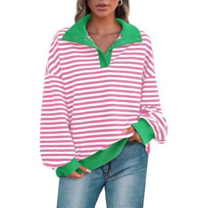 imagePRETTYGARDEN Womens Oversized Striped Sweatshirts 2024 Fall Trendy Casual Long Sleeve Button Up Tops Shirt Preppy ClothesStriped Pink White