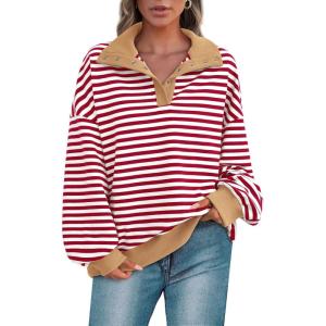 imagePRETTYGARDEN Womens Oversized Striped Sweatshirts 2024 Fall Trendy Casual Long Sleeve Button Up Tops Shirt Preppy ClothesStriped Red White