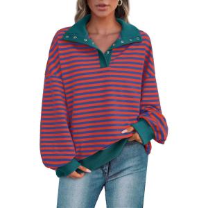 imagePRETTYGARDEN Womens Oversized Striped Sweatshirts 2024 Fall Trendy Casual Long Sleeve Button Up Tops Shirt Preppy ClothesStriped Rust Red Blue