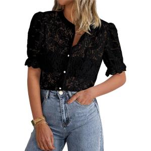 imagePRETTYGARDEN Womens Summer Lace Tops Short Puff Sleeve Casual Dressy Blouses Eyelet Crew Neck Button Down ShirtsBlack