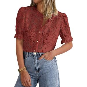 imagePRETTYGARDEN Womens Summer Lace Tops Short Puff Sleeve Casual Dressy Blouses Eyelet Crew Neck Button Down ShirtsBrown Red