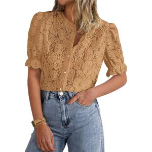 imagePRETTYGARDEN Womens Summer Lace Tops Short Puff Sleeve Casual Dressy Blouses Eyelet Crew Neck Button Down ShirtsKhaki