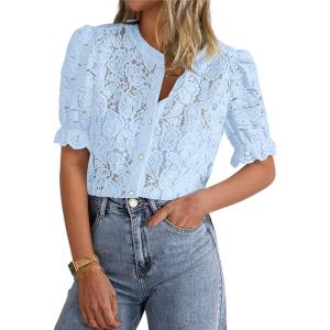 imagePRETTYGARDEN Womens Summer Lace Tops Short Puff Sleeve Casual Dressy Blouses Eyelet Crew Neck Button Down ShirtsLight Blue