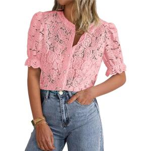 imagePRETTYGARDEN Womens Summer Lace Tops Short Puff Sleeve Casual Dressy Blouses Eyelet Crew Neck Button Down ShirtsPink