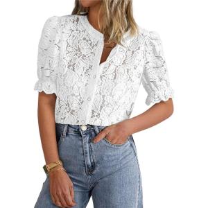 imagePRETTYGARDEN Womens Summer Lace Tops Short Puff Sleeve Casual Dressy Blouses Eyelet Crew Neck Button Down ShirtsWhite