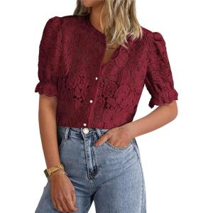 imagePRETTYGARDEN Womens Summer Lace Tops Short Puff Sleeve Casual Dressy Blouses Eyelet Crew Neck Button Down ShirtsWine Red