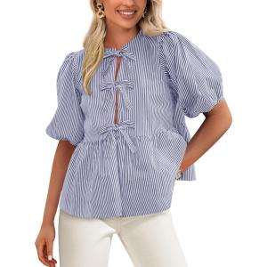 imagePRETTYGARDEN Womens Tie Front Striped Shirt 2025 Summer Trendy Fashion Cute Babydoll Tops Peplum Puffy Sleeve BlouseNavy