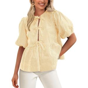 imagePRETTYGARDEN Womens Tie Front Striped Shirt 2025 Summer Trendy Fashion Cute Babydoll Tops Peplum Puffy Sleeve BlouseYellow