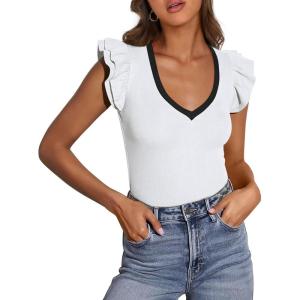 imagePRETTYGARDEN Womens V Neck Summer Tops Ruffle Sleeveless Slim Fit T Shirts Going Out Casual Blouses 2025Beige White