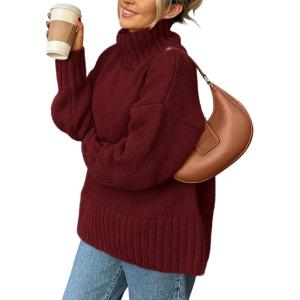 imagePRETTYGARDEN Womens Winter Clothes Pullover Oversized Sweaters Casual Long Sleeve Chunky Cable Knit Turtleneck TopsDark Wine Red