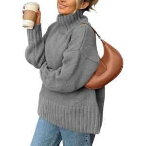 imagePRETTYGARDEN Womens Winter Clothes Pullover Oversized Sweaters Casual Long Sleeve Chunky Cable Knit Turtleneck TopsGrey