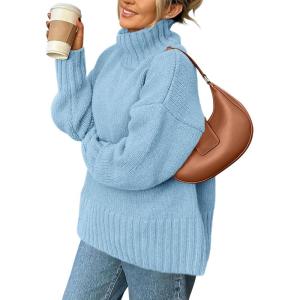 imagePRETTYGARDEN Womens Winter Clothes Pullover Oversized Sweaters Casual Long Sleeve Chunky Cable Knit Turtleneck TopsLight Blue