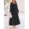 imagePRETTYGARDEN Womens Smocked Maxi Dress Casual Long Sleeve Square Neck Tiered A Line Flowy Dresses with PocketsBlack