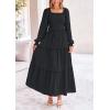 imagePRETTYGARDEN Womens Smocked Maxi Dress Casual Long Sleeve Square Neck Tiered A Line Flowy Dresses with PocketsBlack