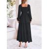 imagePRETTYGARDEN Womens Smocked Maxi Dress Casual Long Sleeve Square Neck Tiered A Line Flowy Dresses with PocketsBlack
