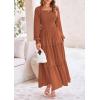 imagePRETTYGARDEN Womens Smocked Maxi Dress Casual Long Sleeve Square Neck Tiered A Line Flowy Dresses with PocketsBrown