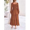 imagePRETTYGARDEN Womens Smocked Maxi Dress Casual Long Sleeve Square Neck Tiered A Line Flowy Dresses with PocketsBrown