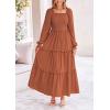 imagePRETTYGARDEN Womens Smocked Maxi Dress Casual Long Sleeve Square Neck Tiered A Line Flowy Dresses with PocketsBrown