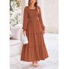 imagePRETTYGARDEN Womens Smocked Maxi Dress Casual Long Sleeve Square Neck Tiered A Line Flowy Dresses with PocketsBrown