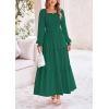 imagePRETTYGARDEN Womens Smocked Maxi Dress Casual Long Sleeve Square Neck Tiered A Line Flowy Dresses with PocketsDark Green