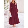 imagePRETTYGARDEN Womens Smocked Maxi Dress Casual Long Sleeve Square Neck Tiered A Line Flowy Dresses with PocketsDark Wine Red