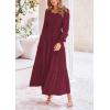imagePRETTYGARDEN Womens Smocked Maxi Dress Casual Long Sleeve Square Neck Tiered A Line Flowy Dresses with PocketsDark Wine Red