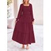 imagePRETTYGARDEN Womens Smocked Maxi Dress Casual Long Sleeve Square Neck Tiered A Line Flowy Dresses with PocketsDark Wine Red