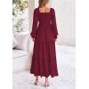 imagePRETTYGARDEN Womens Smocked Maxi Dress Casual Long Sleeve Square Neck Tiered A Line Flowy Dresses with PocketsDark Wine Red