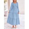 imagePRETTYGARDEN Womens Smocked Maxi Dress Casual Long Sleeve Square Neck Tiered A Line Flowy Dresses with PocketsLight Blue