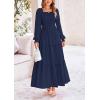 imagePRETTYGARDEN Womens Smocked Maxi Dress Casual Long Sleeve Square Neck Tiered A Line Flowy Dresses with PocketsNavy