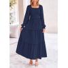 imagePRETTYGARDEN Womens Smocked Maxi Dress Casual Long Sleeve Square Neck Tiered A Line Flowy Dresses with PocketsNavy