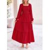 imagePRETTYGARDEN Womens Smocked Maxi Dress Casual Long Sleeve Square Neck Tiered A Line Flowy Dresses with PocketsRed