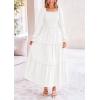 imagePRETTYGARDEN Womens Smocked Maxi Dress Casual Long Sleeve Square Neck Tiered A Line Flowy Dresses with PocketsWhite