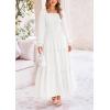 imagePRETTYGARDEN Womens Smocked Maxi Dress Casual Long Sleeve Square Neck Tiered A Line Flowy Dresses with PocketsWhite