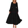 imagePRETTYGARDEN Womens Smocked Maxi Dress Casual Long Sleeve Square Neck Tiered A Line Flowy Dresses with PocketsBlack