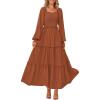imagePRETTYGARDEN Womens Smocked Maxi Dress Casual Long Sleeve Square Neck Tiered A Line Flowy Dresses with PocketsBrown