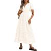 imagePRETTYGARDEN Womens Summer Maxi Dress Short Sleeve V Neck Hollow Out Eyelet A Line Long Flowy Beach Vacation DressesBeige White