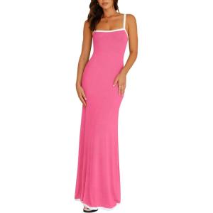imagePRETTYGARDEN Womens Maxi Dress 2025 Summer Casual Spaghetti Strap Bodycon Long Holiday Beach DressesPink