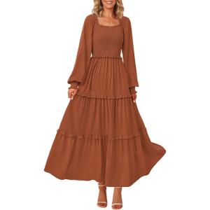 imagePRETTYGARDEN Womens Smocked Maxi Dress Casual Long Sleeve Square Neck Tiered A Line Flowy Dresses with PocketsBrown
