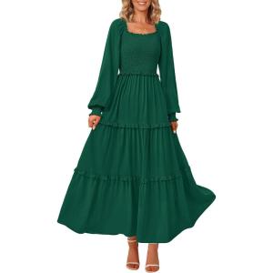 imagePRETTYGARDEN Womens Smocked Maxi Dress Casual Long Sleeve Square Neck Tiered A Line Flowy Dresses with PocketsDark Green