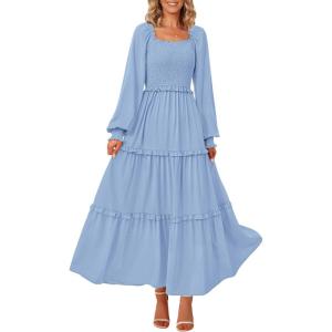 imagePRETTYGARDEN Womens Smocked Maxi Dress Casual Long Sleeve Square Neck Tiered A Line Flowy Dresses with PocketsLight Blue