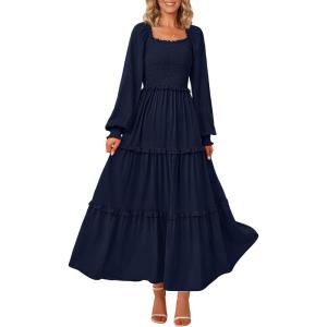 imagePRETTYGARDEN Womens Smocked Maxi Dress Casual Long Sleeve Square Neck Tiered A Line Flowy Dresses with PocketsNavy