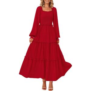 imagePRETTYGARDEN Womens Smocked Maxi Dress Casual Long Sleeve Square Neck Tiered A Line Flowy Dresses with PocketsRed