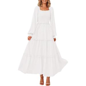 imagePRETTYGARDEN Womens Smocked Maxi Dress Casual Long Sleeve Square Neck Tiered A Line Flowy Dresses with PocketsWhite