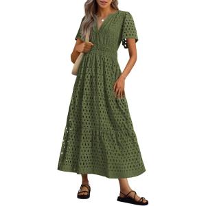 imagePRETTYGARDEN Womens Summer Maxi Dress Short Sleeve V Neck Hollow Out Eyelet A Line Long Flowy Beach Vacation DressesArmy Green