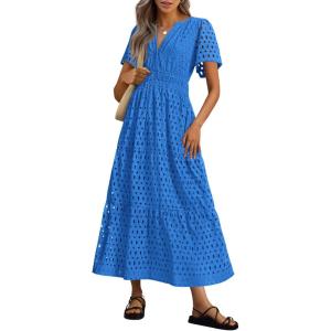 imagePRETTYGARDEN Womens Summer Maxi Dress Short Sleeve V Neck Hollow Out Eyelet A Line Long Flowy Beach Vacation DressesBlue