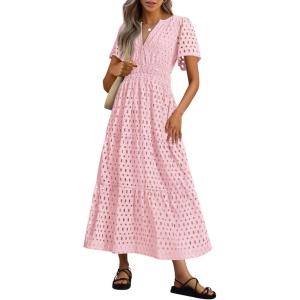 imagePRETTYGARDEN Womens Summer Maxi Dress Short Sleeve V Neck Hollow Out Eyelet A Line Long Flowy Beach Vacation DressesPink