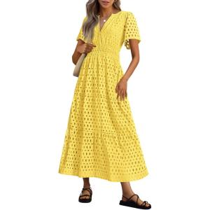 imagePRETTYGARDEN Womens Summer Maxi Dress Short Sleeve V Neck Hollow Out Eyelet A Line Long Flowy Beach Vacation DressesYellow