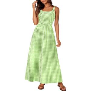 imagePRETTYGARDEN Womens Summer Spaghetti Strap Maxi Dresses Plaid Square Neck A Line Smocked Casual Vacation Long SundressGreen
