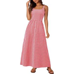 imagePRETTYGARDEN Womens Summer Spaghetti Strap Maxi Dresses Plaid Square Neck A Line Smocked Casual Vacation Long SundressRed